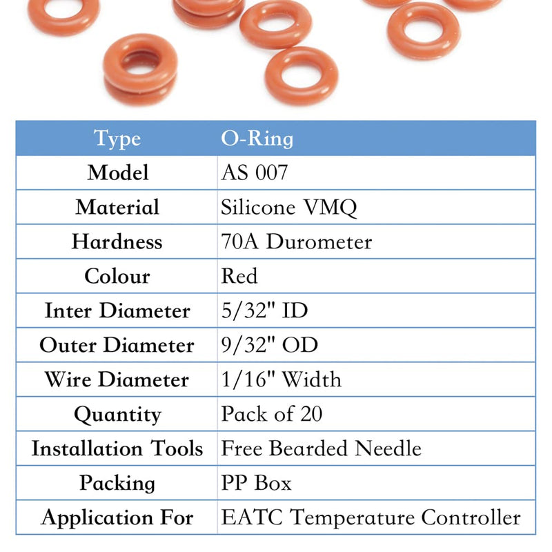 007 Silicone O-Ring, 70A Durometer, Red, 5/32" ID, 9/32" OD, 1/16" Width (Pack of 20), Replacement for EATC Temperature Controller, Free with Installation Tools