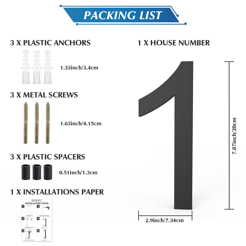 DEWEL 8 inch Floating Large House Numbers for Outside, Black Modern House Address Numbers Decor for 911 Visibility Signage with Nail Kits (House Number 1) Black 1