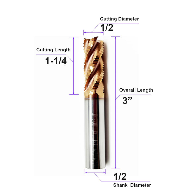 1/2” Roughing End Mill, 4 Flute Carbide CNC Router Bit, 1/2” Shank, 1-1/4” Cutting Length, 3” Overall – High-Performance for Alloy & Hardened Steel Machining