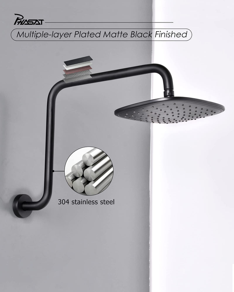 PHASAT 16 Inches Black Shower Head Arm,S Shaped Shower Arm with Flange,High Rise Shower Head Extension Arm,Shower Arm Extension Matte Black,PU9H02 Round