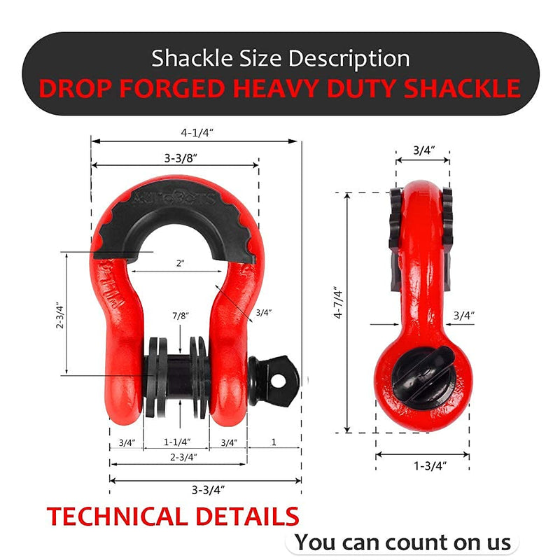 AUTOBOTS Shackles 3/4" (2 Pack), D Ring Shackle 45,000Ib Max Break Strength with 7/8" Pin & Isolator Washers Heavy Duty Clevis Tow Shackle for Tow Strap Jeep Vehicle Off Road Recovery Red-Black