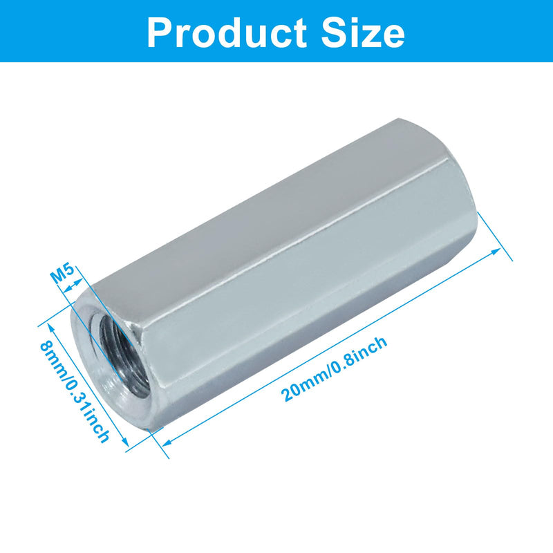 8 Pcs M5 X 0.8-Pitch 20 mm Length Metric Hex Coupling Nuts, 8 mm Width 304 Stainless Steel Threaded Rod Coupling Nut, Polishing Connector for Home Garage Repairs M5*20-8PCS