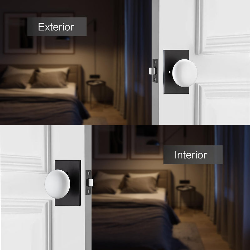 NCL White Door Knob, Matt Black Porcelain Door Knobs Interior, Rectangle Door Levers for Bedroom and Bathroom, Privacy Door Handles with Lock Matte Black Rectangle Rose with White Knob