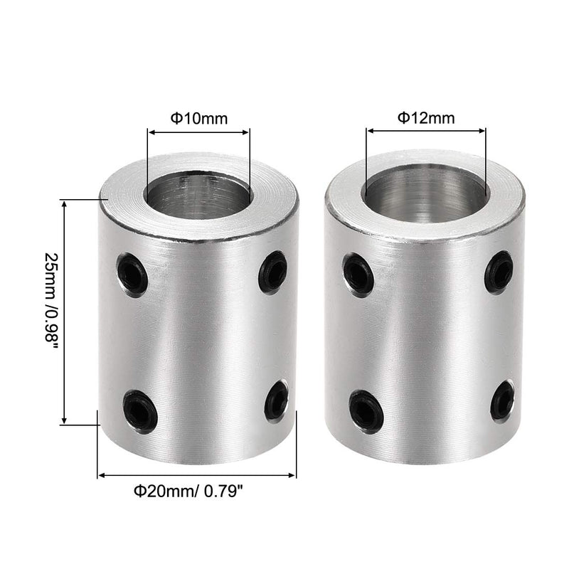 uxcell 10mm to 12mm Bore Rigid Coupling Set Screw L25XD20 Aluminum Alloy,Shaft Coupler Connector,Motor Accessories 10mm to 12m