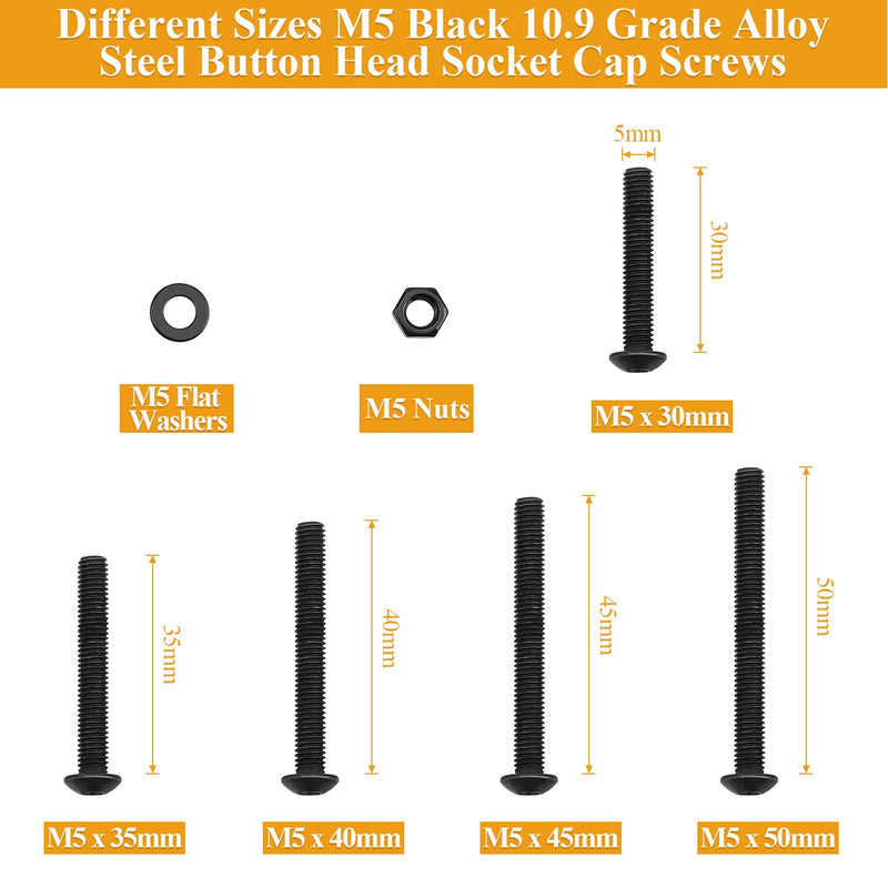 105 Pieces M5 x 30/35/40/45/50mm Button Head Socket Cap Screws Nuts Washers Set Black, Sutemribor M5 Long Screws, M5 Black Screws Nuts Washers Assortment Kit, 10.9 Grade Alloy Steel, Fully Threaded M5 Long Screws Kit