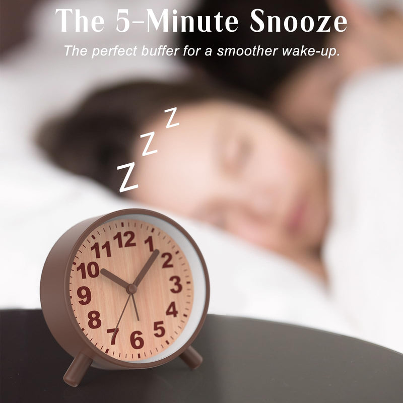 Retro Analog Alarm Clock with Night Light, Battery Operated, Easy to Set - Ascending Alarm, Snooze, Simple Round Metal Design for Bedroom, Desk, Bedside, Travel, Kids, Adults, Heavy Sleepers Brown