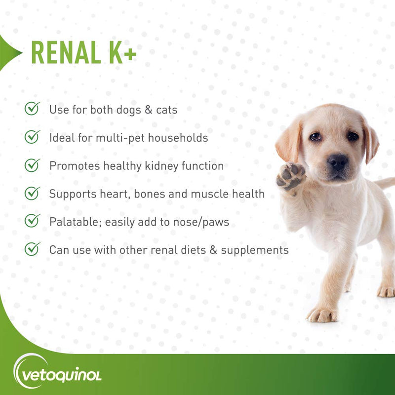 Vetoquinol Renal K+ (Potassium Gluconate) Potassium Supplement Powder for Dogs and Cats, 3.5oz