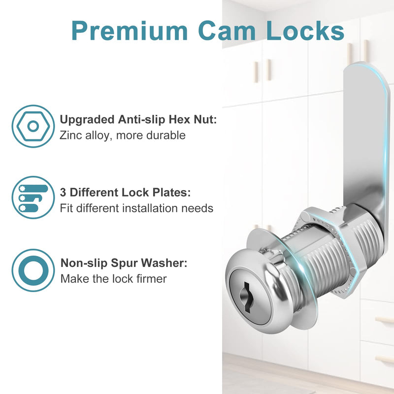 Cabinet Cam Lock Keyed Alike, 1-3/8'' Cam Locks 3PCS Secure Files Drawers RV Storage Locks Replacement Set, Zinc Alloy Chrome Finish(1-3/8 Inch 3Pcs) 1-3/8 Inch 3Pcs