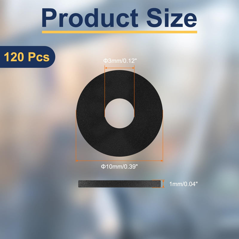 uxcell 120Pcs M3 Nylon Flat Washers 3mm ID 10mm OD 1mm Thick Plain Washer Grommets Plastic Sheet Gasket Fastener Sealing Spacer Gasket Ring, Black M3x10mmx1mm 120