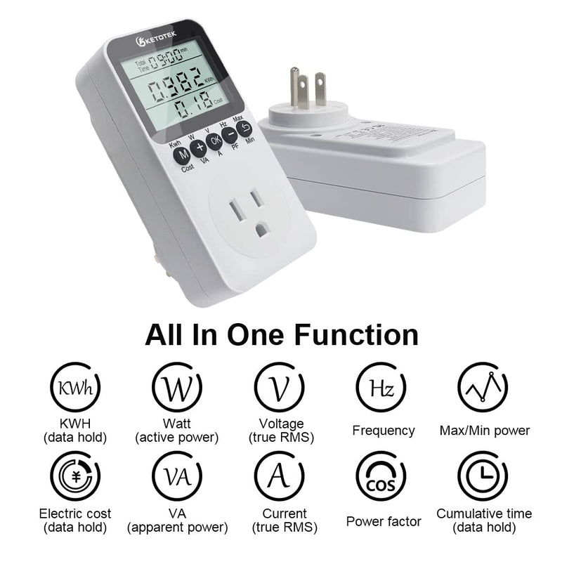 Watt Meter Power Meter Plug Electricity Usage Monitor for Home, Energy Monitor with LCD Display, Kilowatt Meter Socket Outlet, Voltage Amps Power Consumption Meter, Overload Protection US Plugs