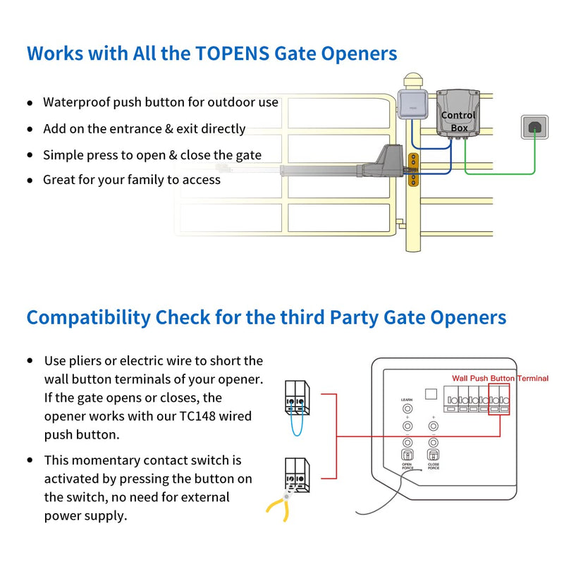 TOPENS TC148 Waterproof Wall Push Button Surface Mounted Wired Release Switch for Automatic Gate Opener, Door Access Control System and Doorbell System, Momentary Contact Switch for Outdoor Use