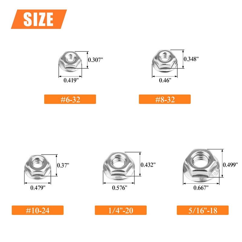 104 Pieces 5 Sizes Flange Nuts, Serrated Flange Hex Lock Nuts Assortment Kit, 304 Stainless Steel (#6-32#8-32#10-24 1/4"-20 5/16"-18) 104 Pieces 5 Sizes