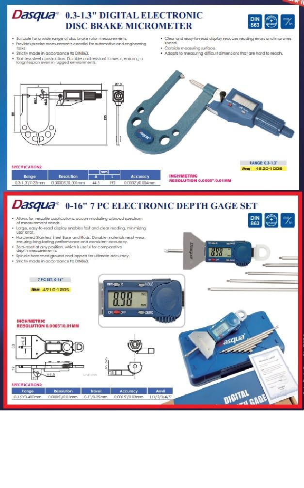 Dasqua 4710-1205 7 Piece 0-16-Inch Electronic Depth Gage Set