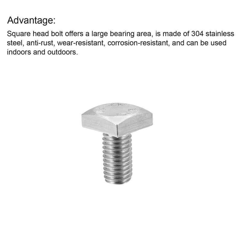 uxcell Square Head Bolt, 10pcs M6x10mm Fully Thread 304 Stainless Steel Grade C Square Machine Screws