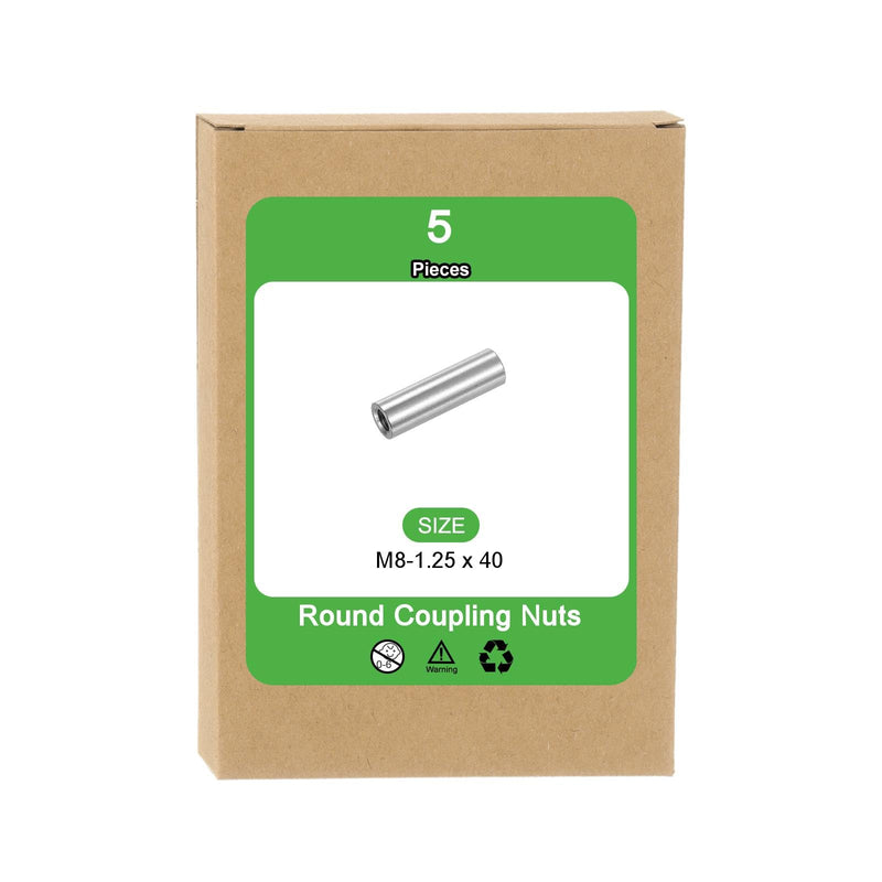 uxcell M8x1.25mm Round Coupling Nuts, 5 Pcs 304 Stainless Steel Connector Nuts Fasteners Rod Bar Stud 40mm for Industrial Construction Fasteners, Silver M8x1.25mm x 40mm