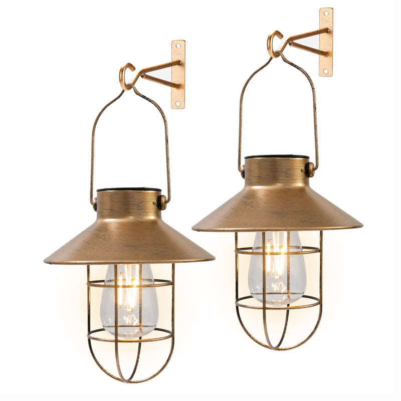 pearlstar Solar Lanterns Outdoor Metal Solar Powered Hanging Lights Waterproof for Barn Wall Yard Garden Patio Garage Balcony Porch Fence Decor, Warm White Edison Bulb (Copper-2pack) 2pack-Copper