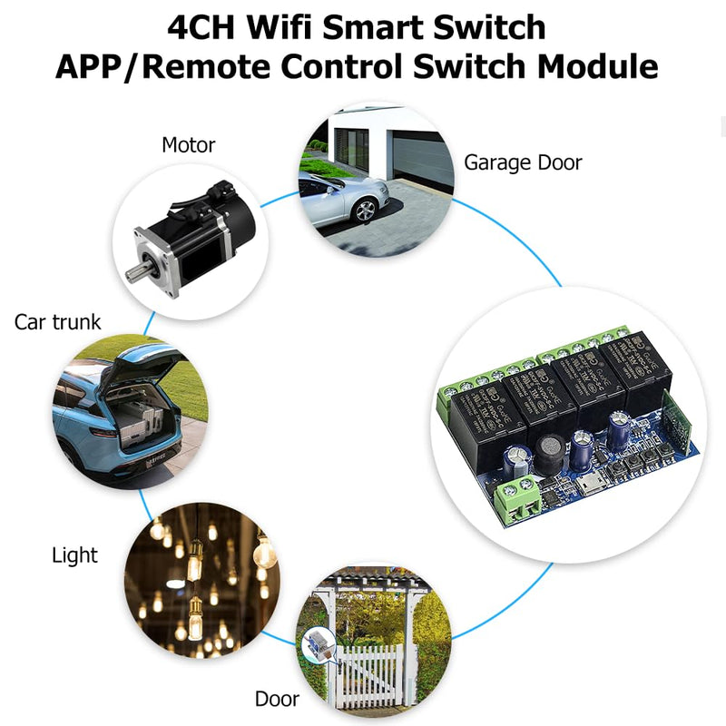 Ewelink WiFi Wireless Smart Relay Module USB 5v 4 Channel Inching Self-Lock Latched Dry Contact Remote Toggle Switch for Access Control, Garage Door,Home Automation, Compatible with Alexa Google Home 1 x 4-Channel + Transmitter
