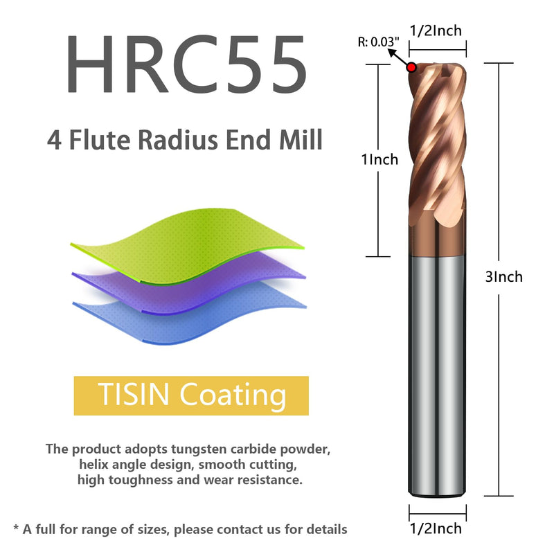 1/2" Tungsten Carbide Corner Radius End Mill 4Flute Milling Bits Sets with TISIN Coated for Steel 1/2 in R0.03