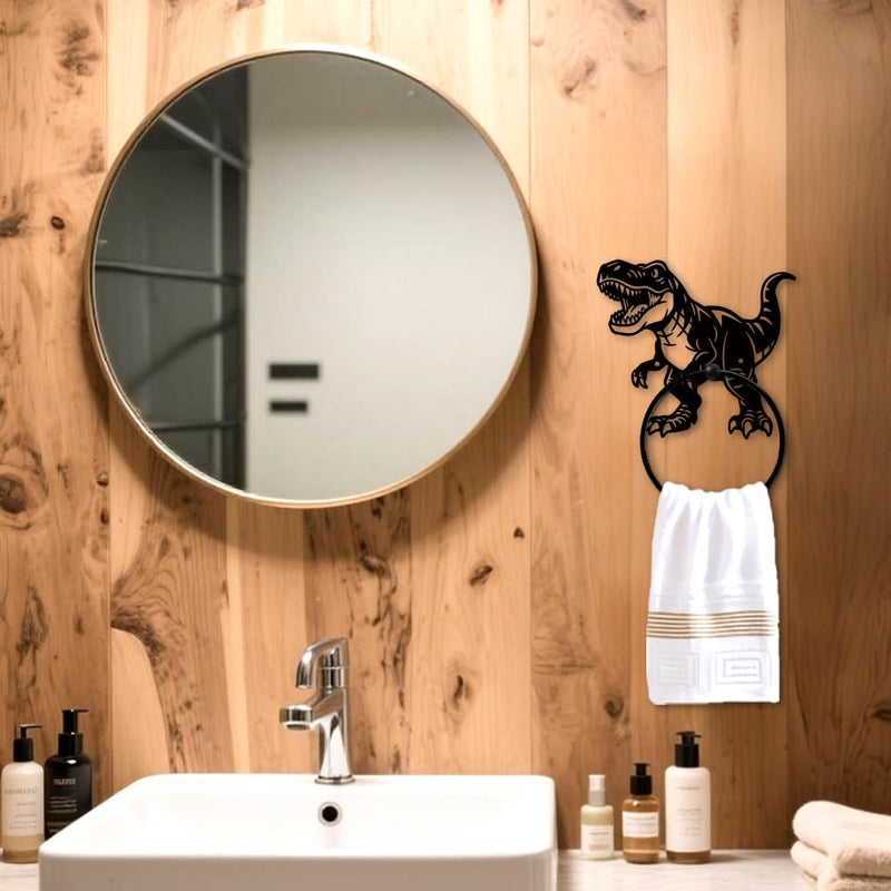 MAYJOYDIY Roar Dinosaur Metal Towel Ring Tyrannosaurus Rex Towel Holder Jurassic Animals Bath Towel Ring Black Art Towel Rack for Bathroom Kitchen Towel Hanger Home Decors Gift