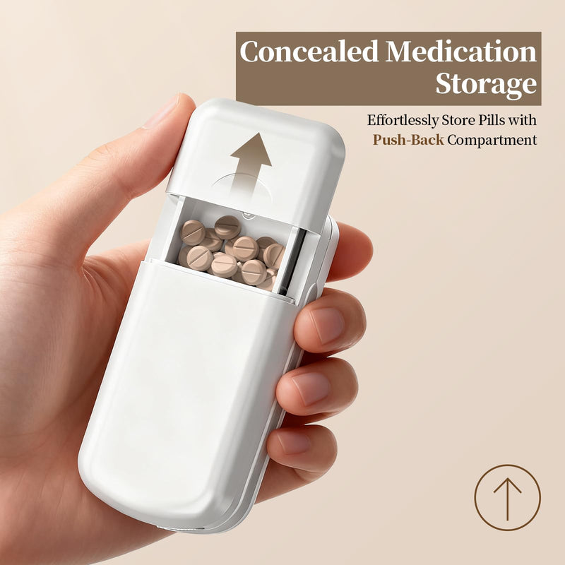 Daviky Pill Cutter Splitter for Small & Tiny Pills, Dual Safety Blades, Adjustable Centering Slot, Precise 1/2 1/3 1/4 Tablet Cutter, Built-in Storage, Portable & Senior-Friendly White