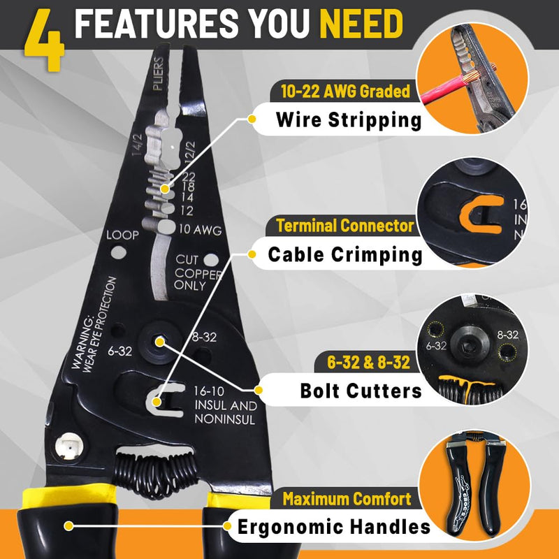Rack-A-Tiers Croc's Needle Nose Wire Strippers AWG 10-22, Wire Crimper & Stripper, Wire Stripper Cutter, Ergonomic Glow-in-the-Dark Handles, Wire Insulation Stripper (47000) Pack of 1