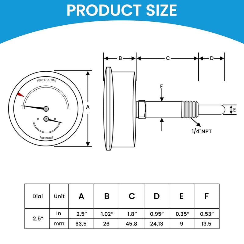 MEASUREMAN Commercial Tridicator Boiler Gauge Kit, 2.5" Dial, 0-75 PSI (ft H₂O) & 70-320°F, 1/4" NPT Back Mount with 1/2" NPT Adapter and O-Ring（2.95'' Stem） 0-75 PSI 70-320°F 2.95'' Stem,with 1/2" NPT Adapter