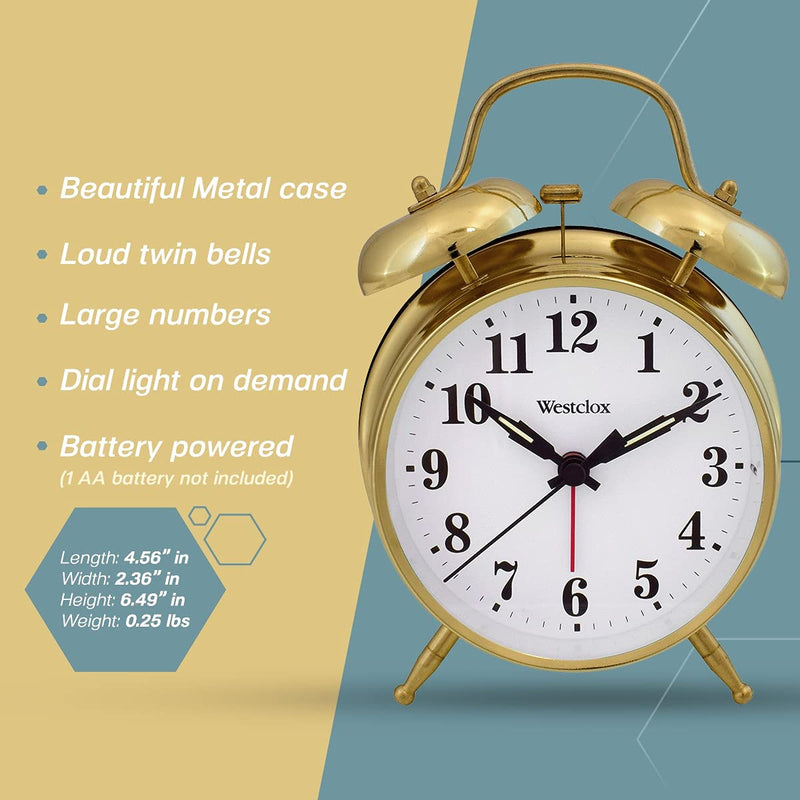 Westclox Big Ben Twin Bell Alarm Clock | Loud Alarm Clock for Heavy Sleepers | Battery Operated Clock with Backlight for Bedside Table, Bedroom, Kids Room, Desk (Gold, 4") Gold