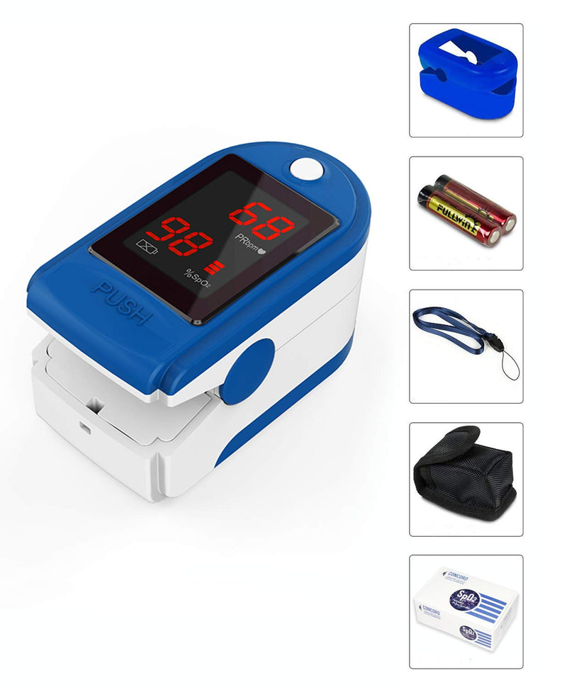 Concord Basics Fingertip Pulse Oximeter - Blood Oxygen Saturation Monitor with Carrying Case, Batteries, Silicone Cover & Lanyard - Easy to Use, Accurate SpO2 & Pulse Measurement (Blue)