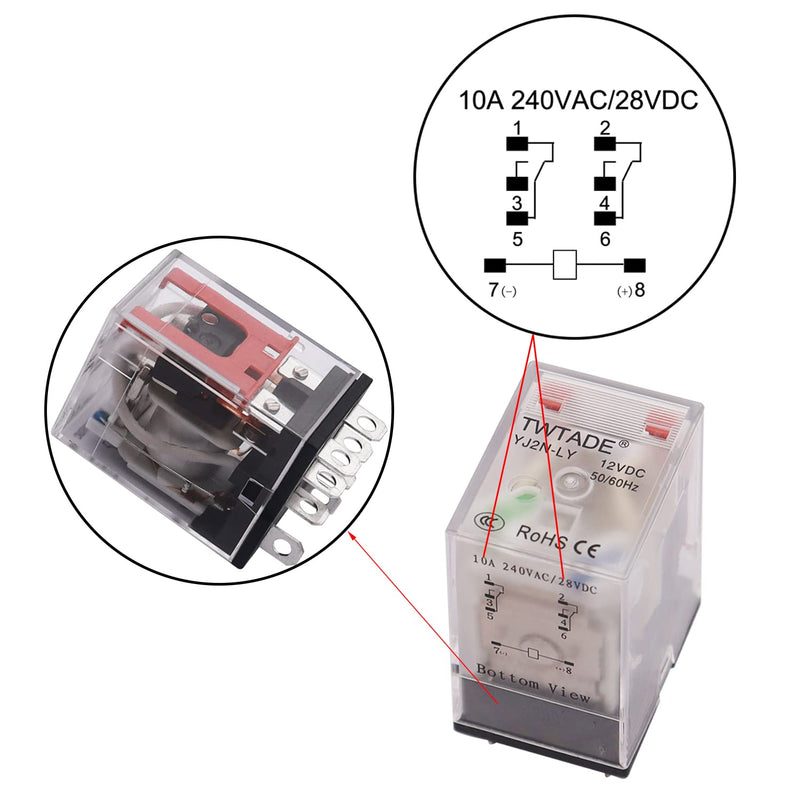 TWTADE/2PCS DC 24V Relay 10A Electromagnetic Power Coil Relay 8 Pins DPDT 2NO 2NC with Indicator Light, Socket Base & DIN Rail -YJ2N-LY 8 PIN-10A-2PCS