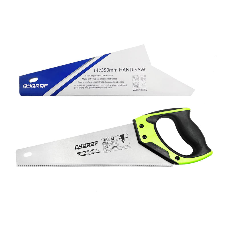 14 in. Pro Hand Saw, 11 TPI Fine-Cut Soft-Grip Hardpoint Handsaw Perfect for Sawing, Trimming, Gardening, Cutting Wood, Drywall, Plastic Pipes, Sharp Blade, Ergonomic Non-Slip Handle (green) Green