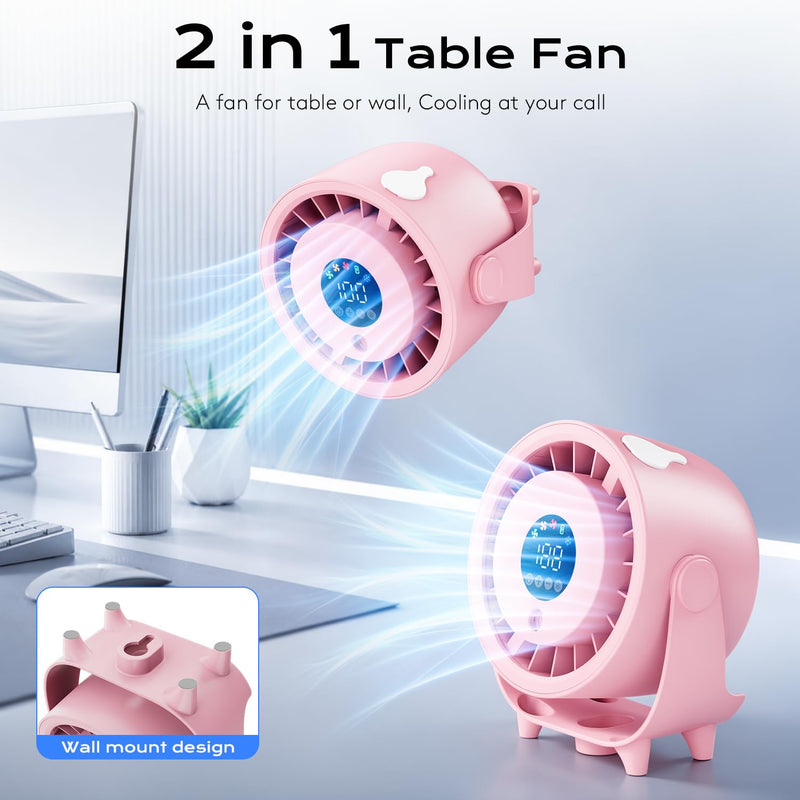 Desk Fan, Turbo Table Fan for Bedroom, Desktop Fans with Mist Spray, 100-Speed Digital Display, Low Noise, 120° Rotating, Rechargeable Battery, Wall-Mounted Design for Home, Office, Travel, Pink