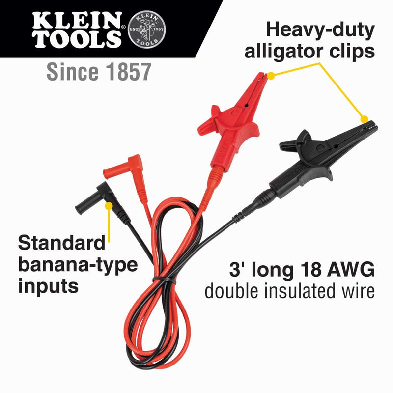 Klein Tools 69381 Alligator Clip Test Leads, Heavy-Duty Banana Plug Replacement Leads, 3-Foot