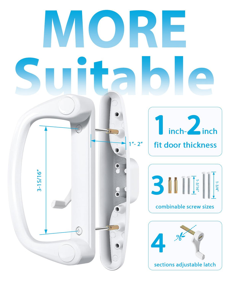 Probrico Patio Sliding Door Handle Set with Mortise Lock, Non-Keyed Sliding Glass Door Handles Replacement 45°, Reversible White Sliding Door Lock Set 3-15/16" Hole Spacing, 1" to 2" Thick Doors Handles(Non-Keyed) + Mortise Lock