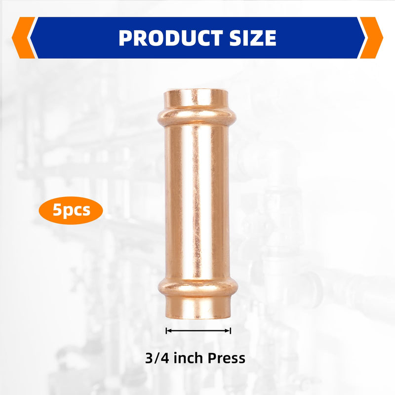 (Znkiok 5 Pack)3/4" Press Copper Fittings Zero Lead, 3/4 Inch Press Extended Coupling No Stop For Copper Tube Connection,UPC,NSF/ANSI61 Certified. 3/4"Press Extended Coupling NO Stop-5Pack