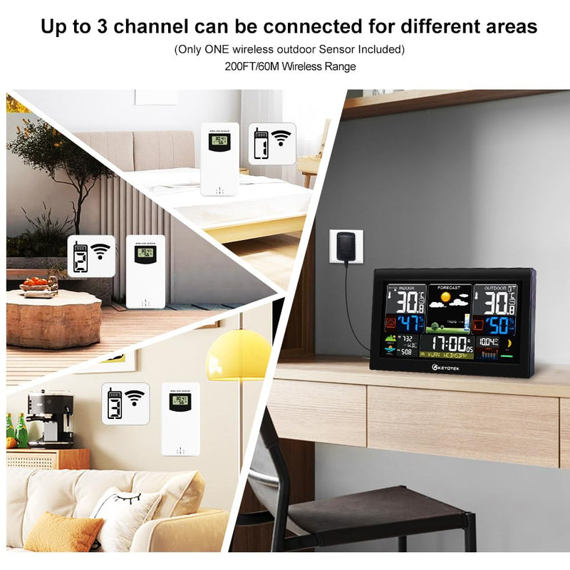 Wireless Weather Station with Outfdoor Sensor 8.8'' LCD Digital Thermometer Hygrometer,WWVB Radio Alarm Clock,Barometer,Weather Forecast,City Sunrise Sunset Time,Calender,Moon Phase with white sensor