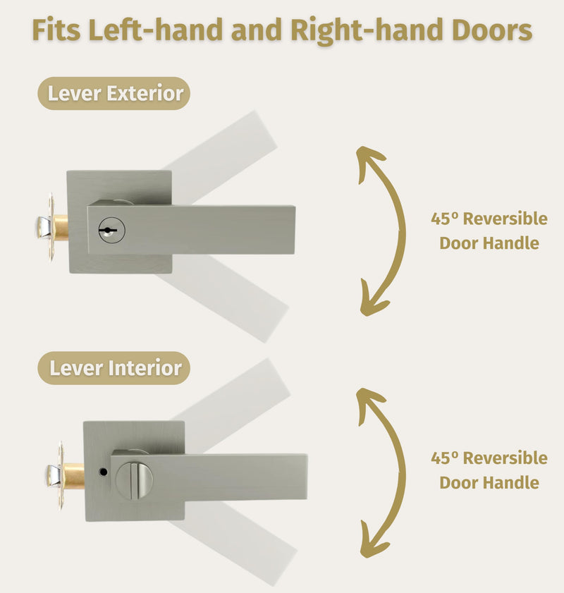 Mega Handles ROBELL Entry Lever, Door Handle, Heavy Duty Square Locking Door Levers Set for Left or Right-Handed Doors - Satin Nickel 1 Pack Entrance