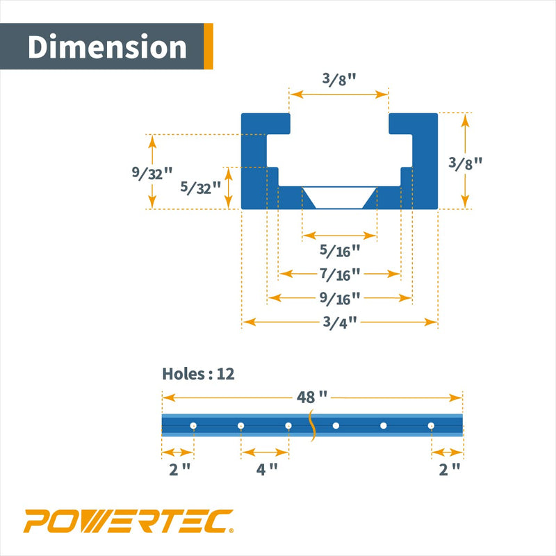 POWERTEC 71158 48 Inch Double-Cut Profile Universal T-Track with Predrilled Mounting Holes, T Track for Woodworking Jigs and Fixtures, Drill Press Table, Router Table, Workbench, 2 Count, Pack of 1 48" T track, 2PK