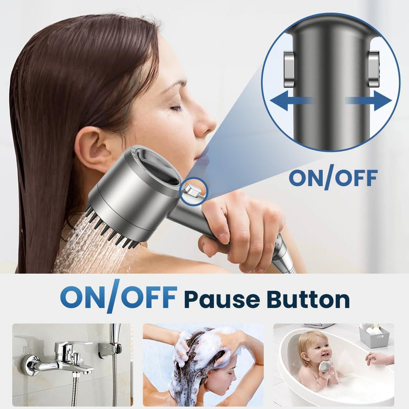 Filtered Shower Head with Handheld,High Pressure Shower Head 4 Spray Modes,Shower Head with ON/OFF Switch for Pets,Built-in Power Wash to Clean Tub,Shower Heads Combo with Stainless Steel Hose Gray