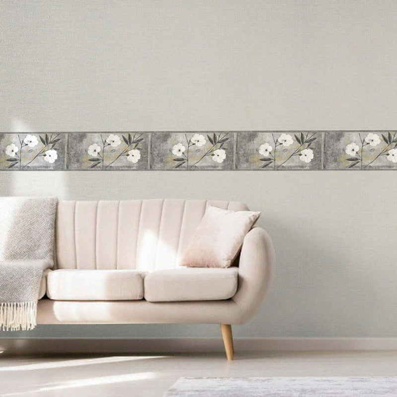 Dundee Deco BD6054 Peel and Stick Wallpaper Border - Floral White, Gray, Brown, Black Abstract Flowers Wall Border Retro Design, 15 ft x 7 in (4.57m x 17.78cm), Self Adhesive