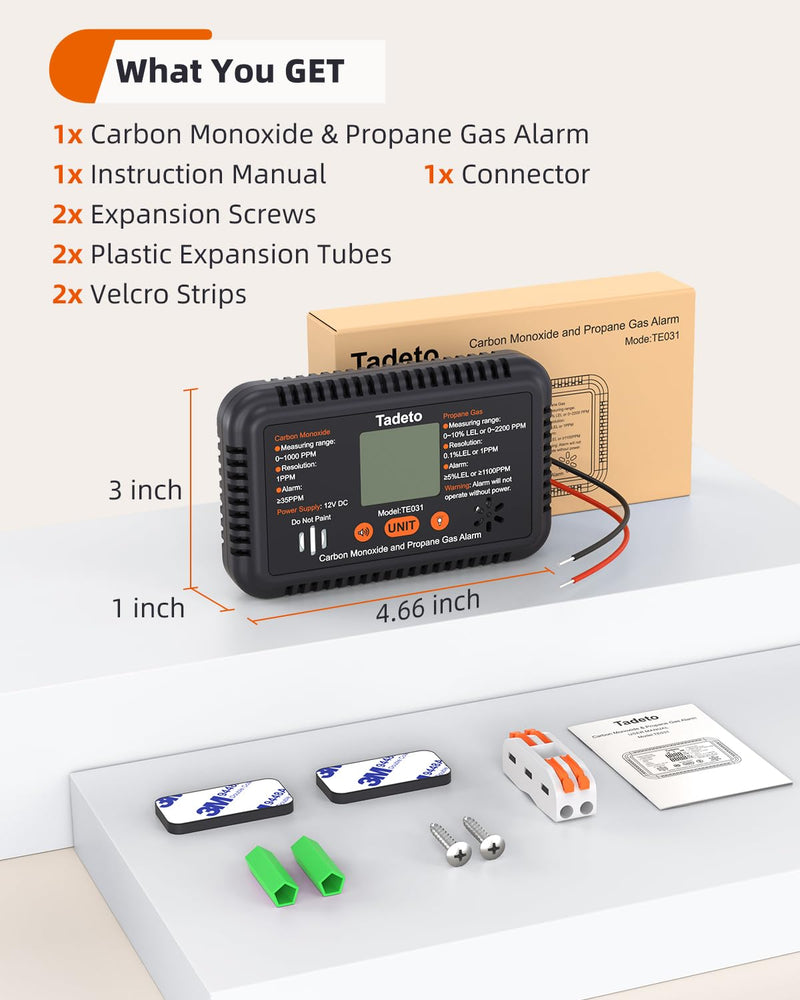 Tadeto RV Carbon Monoxide and Propane Gas Alarm, 12V DC Hardwired CO/LPG Gas Leak Alarm with Light and Audible Indicator, RV Propane Detector with Reset/Backlight for RV/Trailer/Camper Black