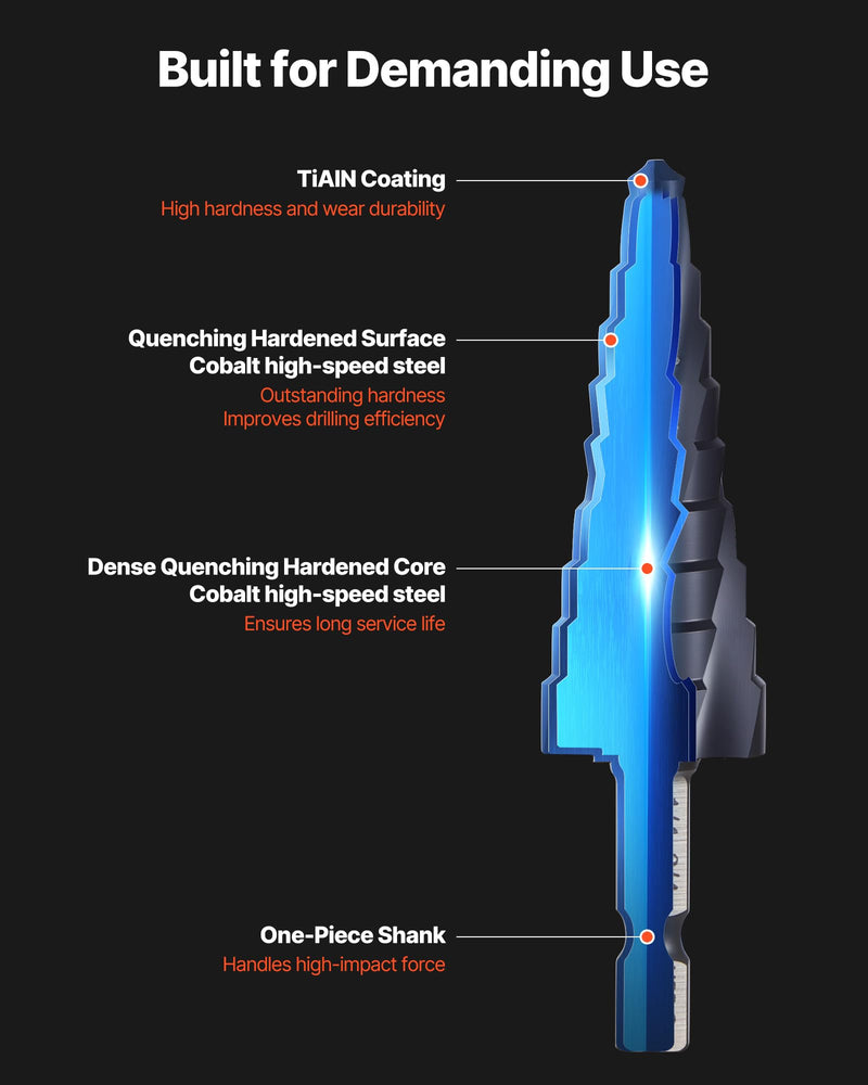 VEVOR Step Drill Bit Set, 1/8-7/8 inch, 3 Pieces Step Drill Bits, 1/4 inch Hex Shank, TiAlN Coating Cobalt HSS High Speed Steel, for Metal, Stainless Steel, Aluminum, Wood, Plastic, Fiberglass 1/8-7/8" (3-Piece Set)