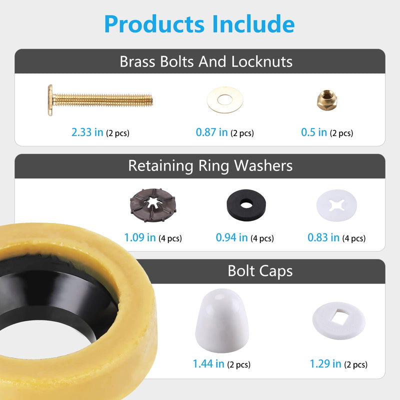 Toilet Wax Ring Replacement Kit, Wax Ring for Toilet Base with Brass Bolt for 3-Inch or 4-Inch Floor-Mounted Toilet Drain Pipe 0.92In/ 1 Pack