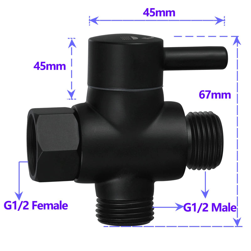 Brass Shower Arm Diverter Valve for Hand Held Showerhead and Fixed Spray Head,G 1/2 3-Way Bathroom Universal Shower System Replacement Part (Matte Black) Matte Black