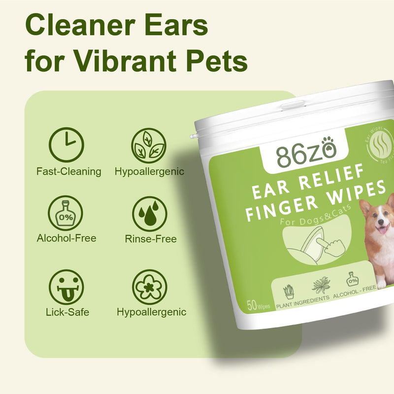 Dog Ear Finger Wipes for Dogs & Cats, Thicker Dog Ear Cat Ear Cleaner Wipes, Dog Ear Infection Relief to Relieve Ear Itching, Remove Ear Wax, Dirt, Smelly - Fresh Green Tea Scent