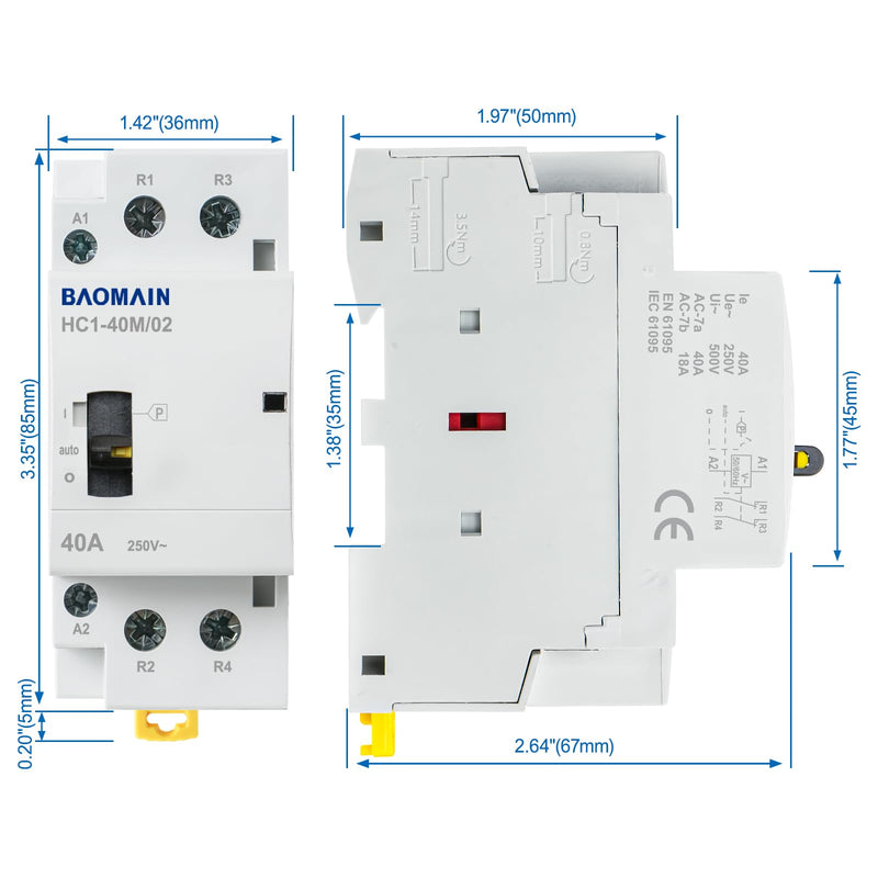 Baomain 110V AC 2-Pole Contactor, 40A 2NC Normally Closed, DIN Rail Mount - Manual & Automatic Switchable for HVAC, Motor, Pump, Lighting HC1-40M/02-110VAC 40 Amp. 110 VAC(Manual Control)