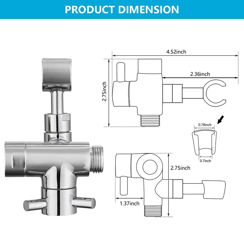 PDPBath Solid Brass 3 Way Shower Arm Diverter Valve with Handheld Holder for Dual Shower Heads with G1/2 Universal Connection - Chrome
