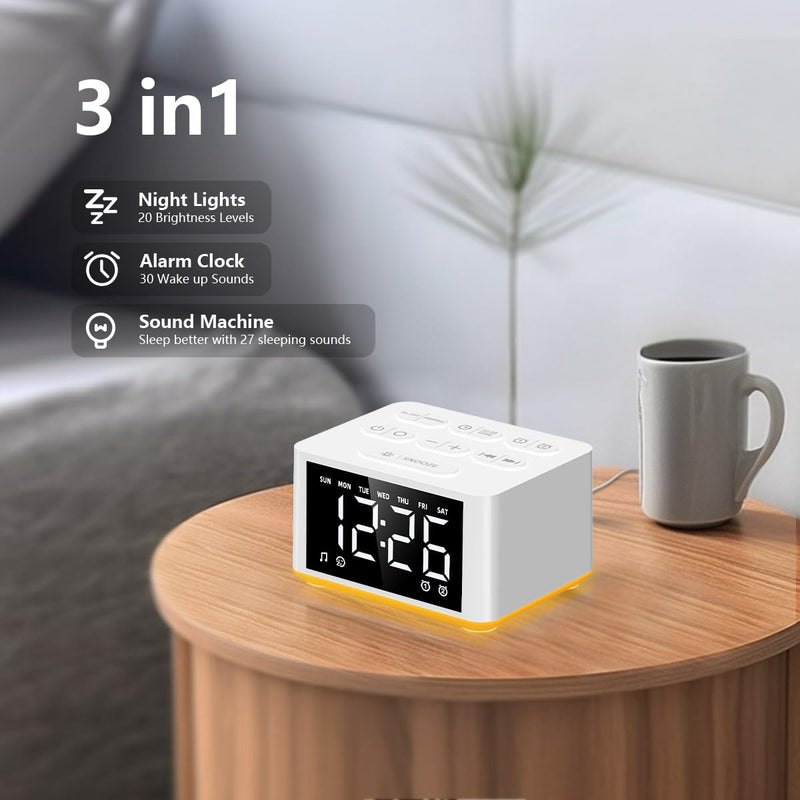 【3 in 1】 Sound Machine Dual Alarm Clock Night Light White Noise Machine 27 Sleeping Sounds for Adults Kids Precise 32 Level Volume Sleep Timer Memory Function Digital Clock with 30 Wake Up Sounds ZB-white