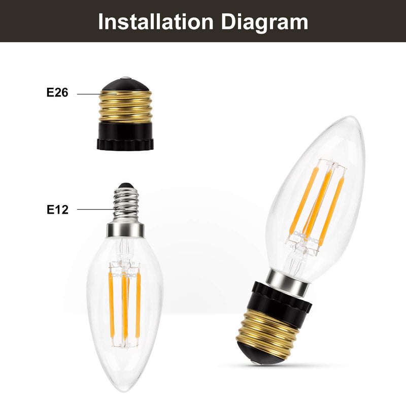 DiCUNO UL Listed E26 to E12 Socket Adapter Black, Standard (Medium) E26 Base to Candelabra E12 Base Light Socket Converter, Bulb Base Adapter, 4 Pack