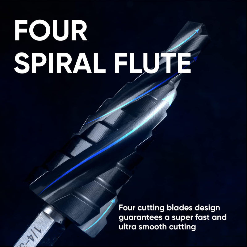 toolant Four Spiral Flute Cobalt Step Drill Bit(Pro), 1/4"-3/4" Impact Ready Unibit Step Drill Bit, 1/4" Hex Shank Step Bits for Metal, Stainless Steel, Aluminum, Plastic 1/4" - 3/4"