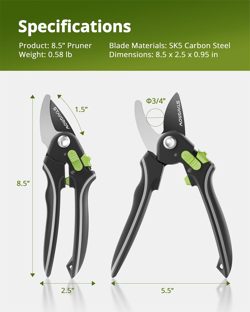 Pruning Shears for Gardening - 8.5" SK5 Garden Shears Cuts 10000+ Times Staying Sharp - Garden Scissors with One-handed Unlocking & Adjustable Handle- Garden Clippers Gardening Tools for Men Women 8.5" Bypass